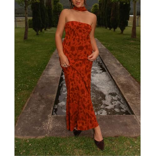 Image of Women Strapless Floral Dress with Sarf Mesh Tube Maxi Dress Summer Cocktail Wedding Guest