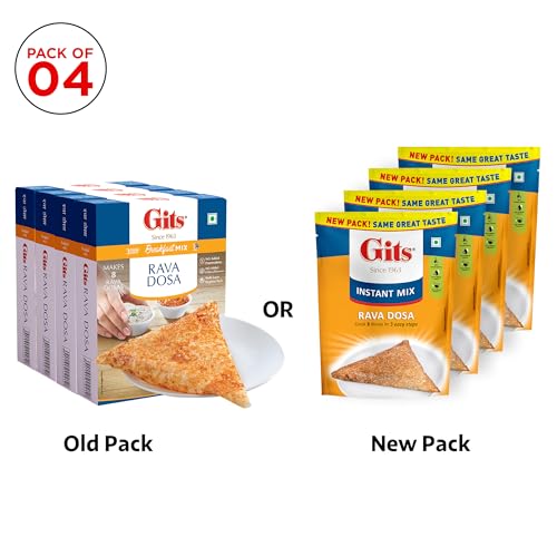 Image of Gits Instant Rava Dosa Breakfast Mix, Makes 8 per Pack, Pure Veg, South Indian Recipe, 800g (Pack of 4, 200g Each)