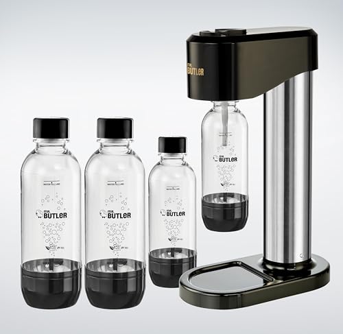 Image of Mr. Butler Instafizz Sodamaker - Jumbo Pack with 2 cylinders and 4 PET Bottles, Create Sparkling Water In Home Kitchen, Compact, Space Saving Design, Soda Beverage Carbonator, Silver & Black