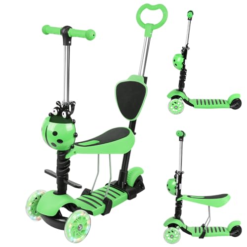 5 en 1 Patinete de 3 LED Ruedas, Draisienne con asiento y manillar, Patinete para niños con asa ajustable en altura, 2 años a 50 kg