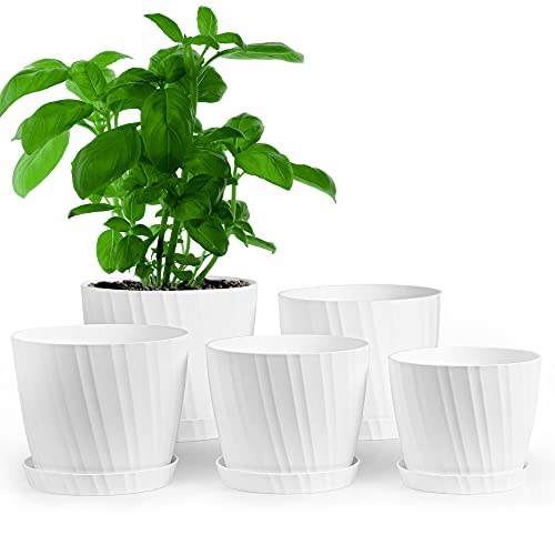 SMARTAKE 5 Pack Plastic Planters, 5.4/6/6.4/6.9/7.4 Inch Flower Plant Pots, Nursery Garden Pots with Drainage Holes and Tray, for Indoor, Outdoor, House, Office, Balcony, Succulents, Cactus (White)