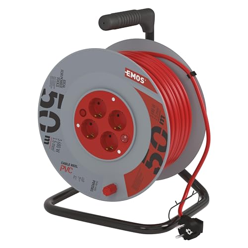 Emos Cable alargador en Bobina Enrollable con Interruptor (50 m, con 4 enchufes Schuko)
