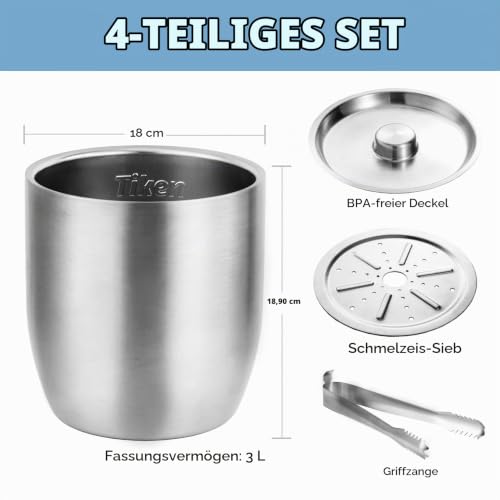 Tiken 3L Edelstahl Eiseimer mit Deckel und Zange Doppelwandiger Vacuum Isolierter Eiskübel Eiswürfelbehälter für Sekt, Cocktailbar… – Ansicht 2