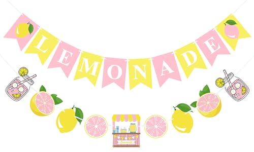 VILIFEVER Pink Yellow Lemonade Banner for Lemonade Stand Decorations, Lemon Sign Garland Summer Party Decor Lemon Themed Bridal Shower Birthday Party Supplies Favor