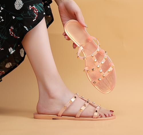 Image of Women Flats Sandals, Studded Jelly Shoes Size 9 Red Dressy Summer Beach Rivets Strappy Jellies Slide Slip On Open Toes