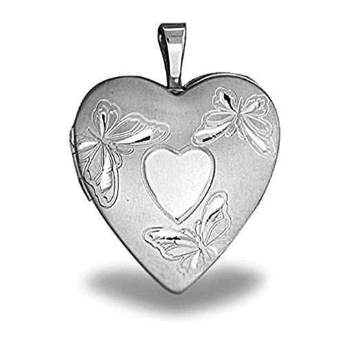 PicturesOnGold.com Sterling Silver Butterfly Heart Locket - 3/4 Inch X 3/4 Inch with Engraving