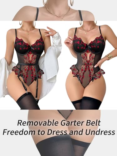 Image of Lilosy Sexy Stocking Lace Mesh Bodysuit Top Underwire Garter Lingerie Set 3 Piece