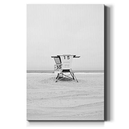 Renditions Gallery Lifeguard Tower 15 Wall Art, Black & White Ocean Artwork, Portrait Decor, Calm Beach Decorations, Premium Gallery Wrapped Canvas, Ready to Hang, 18 in H x 27 in W, Made in America