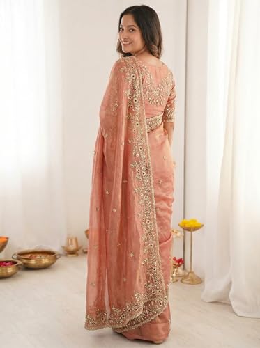 Image of ORHANS Women's Tissue Silk Ethnic Motifs Embroidered Tissue Heavy Work Saree with Embroidered With Unstitched Blouse Piece Blouse Piece | Beautiful Saree for Women | Traditional Indian Sari