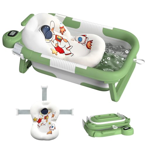 Collapsible Baby Bathtub for Newborn to Toddler (0-24 Months), Portable Baby Bath Tub for Travel, Newborn Bathtub with Soft and Supportive Cushion (Astronaut-Green)
