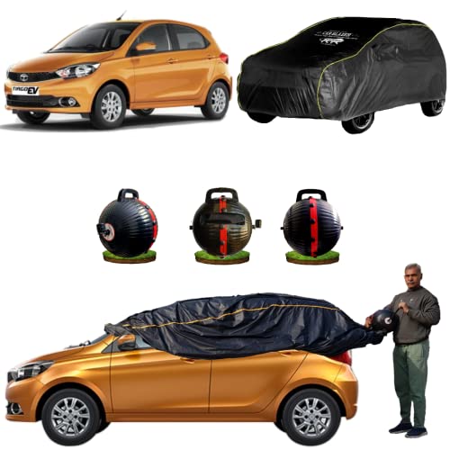 Image of CARBLAZER Portable & Semi-Automatic Full Body Car Covers: Heavy Duty Device| Anti-Theft| Dust & Scratch Proof | Water & Wind Resistant|Custom Fit| Dual-Side Cover, Compatible for Tata Tiago EV