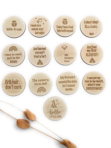 Image of Funny Baby Monthly Milestone Announcement Cards | 13 Round Wooden Double Sided Signs | Gender Neutral Gifts | Baby Shower | Fun Photo Props | Baby Registry | Pregnancy Gift | Baby Photo Props