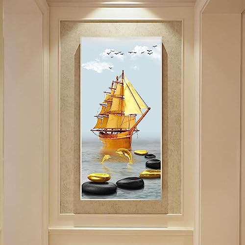 Affiche de mer bateau doré peinture sur toile moderne salon 30x60