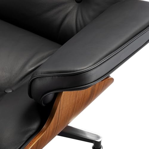 Image of Top Black Grain Leather, Mid Century Chaise Lounge Chair and Ottoman, Modern Chair Classic Design, Walnut Wood, Heavy Duty Base Support for Living Room Office (Light Walnut)
