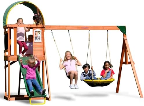 Sportspower Cedar Wooden Swing Set with Saucer Swing, Sling Swing, Play Fort, on 6ft Slide, Heavy Duty Double A-Frame