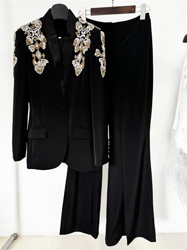 Women's 2025 Designer Suit Women Beaded Diamonds Stand Collar Single Button Blazer Wide-Leg Pants Set 2PCS2
