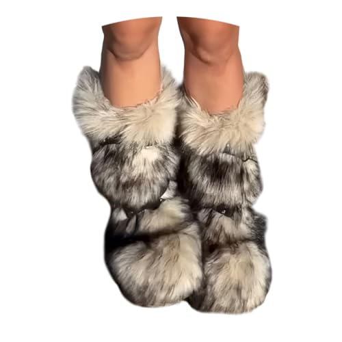 ORANDESIGNE Femme Bottine en Peluche Fourrure Hiver Bottes de Neige Plate Bottines Fourrées Y2K avec Boucle de Ceinture A Beige 39 EU
