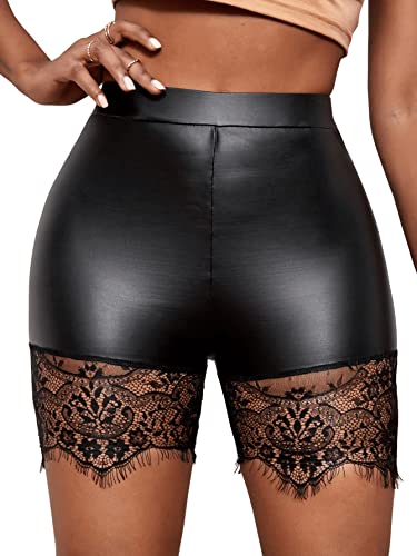 Romwe Women's Faux Leather Pu Biker Shorts Lace High Waist Stretch Slim Hips Short Hot Pants Black L #TOP2