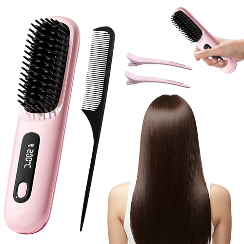 Behux Glowwave Heated Brush, 2025 Cordless Hair Straightener Brush, 3 Heat Settings & Led Screen Glowcept Heated Brush, Portable & Rechargeable Heated Styling Brushes For Travel & Everyday Use-image