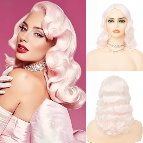 Salaibs Pink Finger Wave Wig for Women Long Curly Lady 1920s Synthetic Wig Cosplay Costume Halloween Wig