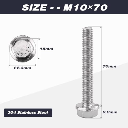 Image of M10-1.5 x 70mm (6 pcs) Flanged Hex Bolts, 304 Stainless Steel 18 /8, Large Washer Head Automotive Screws for Car Parts & Machinery Replacement