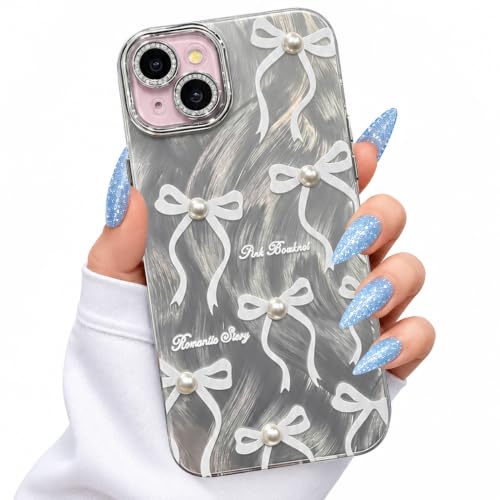 Image of VONZEE Compatible with iPhone 15 Plus 6.7'' Case Luxury Pink Girly Cute 3D Bow Pearl Glitter Bling Case with Full Camera Protection Shockproof PC+TPU Glossy Shiny Cover for Girls Women, Grey