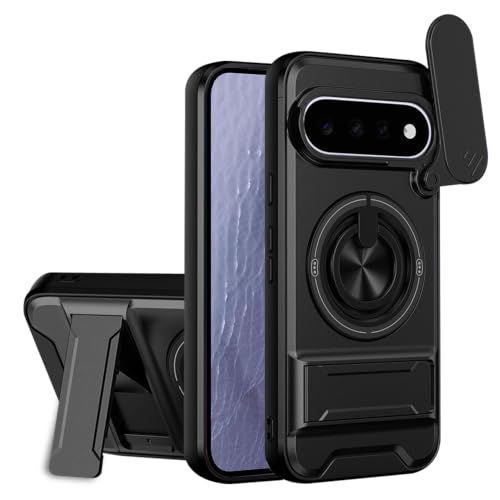 Image of AESTMO Google Pixel 11 Back Cover | Armor Camera Slider 360 Degree Rotating Finger Ring Holder Case with Bracket Stand Back Case Cover (Compatible with MagSafe Accessories) (Black)