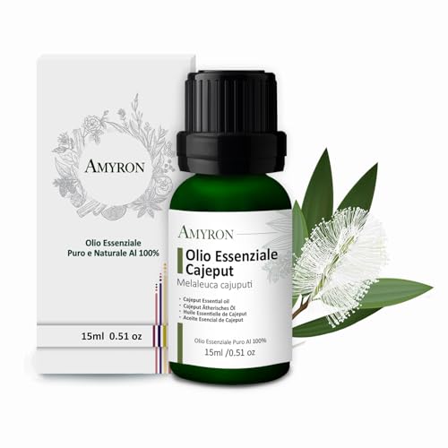Olio Essenziale Cajeputo 15 ml AMYRON | Melaleuca Cajuputi | Naturale E Puro Al 100% | Ideale Per Aromaterapia E Uso Terapeutico | Diffusore Oli Essenziali | Massaggi | Uso Alimentare Senza OGM.