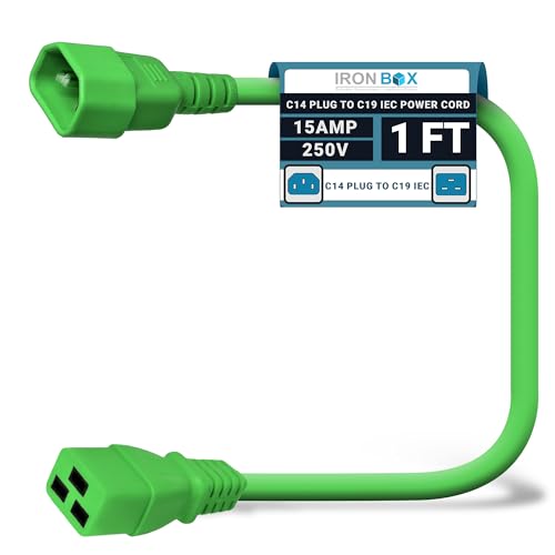 Image of IronBox Electric - Heavy-Duty C14 to C19 Power Cord, 15A, 250V, 14 /3 SJT - IEC60320 PC Cable for Computer Extensions, Monitor, PSU - C14 Male to C19 Female Connector Power Cable - (Green 1 Foot)