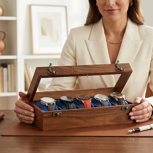 Royal Craft Expertise Mens watch box, Watch display case, Indian Rosewood watch box organizer for men, Velvet lining glass lid, Solid Gift for Him, Made for Special Occasions