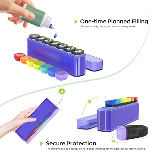 Image of HIONXMGA Color-Coded Weekly Pill Organizer Once Daily, Detachable 7 Day Travel Pill Box with Upgraded Sealing Lids, Large Portable Pill Case for Medication, Vitamins, Supplements & Fish Oils, Purple