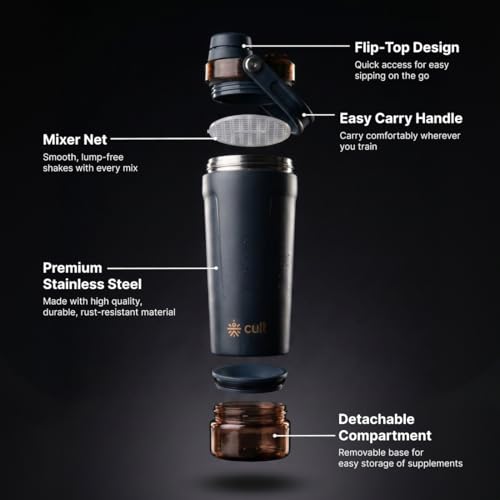 Image of CULT Steel Shaker Bottle 600ml Protein Mixer Bottle with Secure Lock Lid, Storage Compartment & Non-Slip Grip for Gym & Travel, BPA-Free