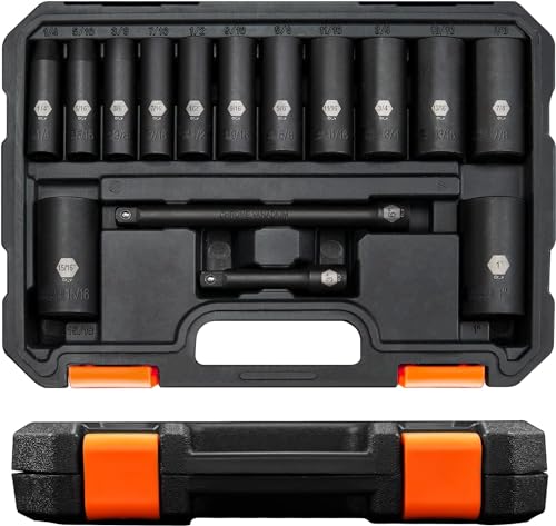 PGROUP 3/8 Inch Drive Deep Impact Socket Set, 15-Piece 6 Point Standard SAE Sizes(1/4-Inch to 1'),Includes 3', 6'Impact Extension Bars,Cr-V Steel Socket Set with Heavy Duty Storage Case