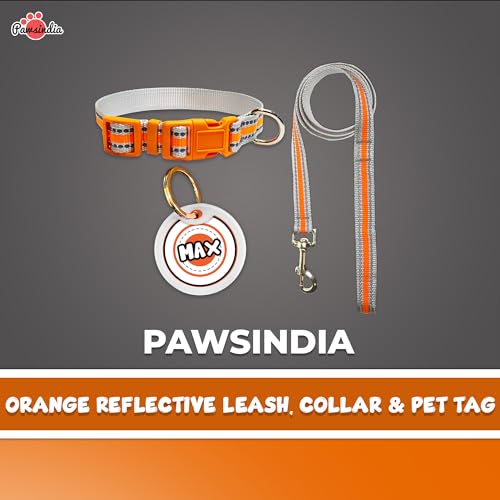 Image of Pawsindia Nylon Leash and Collar with Name Tag for Dogs, Reflective Orange 0.75 Inche Width Adjustable Collar and 4 Feet Heavy Duty Leash with Customize Nametag