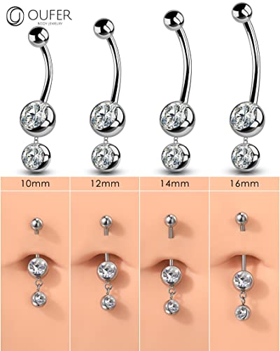 Oufer Dangle Belly Button Rings, G23 Solid Titanium Belly Ring, 14G Clear Cz Long Belly Piercing Jewelry, Lead & Nickel Free Navel Rings For Women Men-16Mm #TOP6