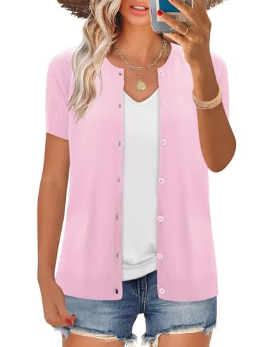 Image of FreshNight Women's 2025 Short Sleeve Cardigan Button Up Hollowed Out Crewneck Shrug Sweaters Knit Sweater Tops Lightweight