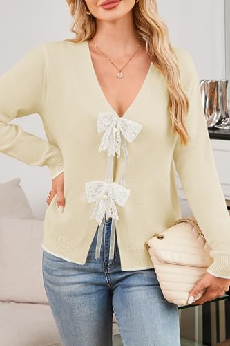 Image of Cakulo Womens Bow Tie Sweater V Neck Cardigan Sweaters 2026 Lightweight Spring Fashion Knit Cardigans Outfits