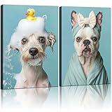 2Pcs Framed Dog Funny Bathroom Wall Art Decor Canvas Print Picture Gallery Bathroom Poster Cute Pet Art Print Wall Decor Home Spa Laundry Room 12x16 Inch Ready to Hang
