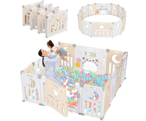 Baby Playpen, Dripex Baby Playard for Babies and Toddlers, 14-Panel Foldable Playpen Adjustable Portable Play Area, Indoor/Outdoor Kids Active Center with Game Panel & Safety Gate, Yellow White