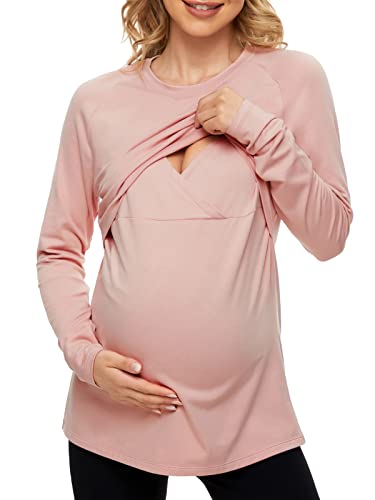 Image of Womens Nursing Tops Long Sleeves Breastfeeding Maternity Casual Clothes Pink S