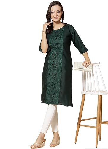 Image of Vinchic Women's Round Neck A-Line Cotton Embroidery Green Kurti (EmbBottle-91011-P)
