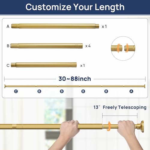 Image of ENJOYBASICS 1 inch Gold Shower Curtain Rod, 30-88 inch Adjustable, Secure Tension | Easy No-Drill Installation, No Tools, No Gaps, Sturdy Rust-Resistant Steel, Sag-Resistant Design, Tubs, RVs, Apartments