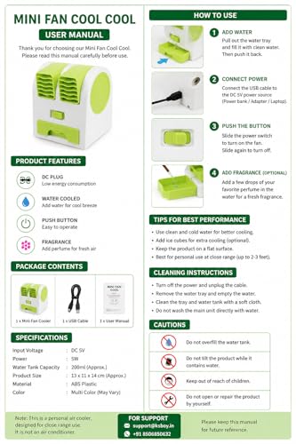 Image of KSBOY Portable Small Plastic Air Conditioner Water Cooler Mini Fan | Dual Bladeless, Car /Home /Office Use, Multicolor, USB Powered