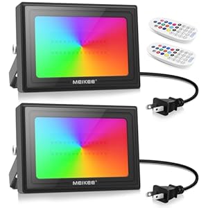 MEIKEE RGB LED Flood Light, 60W 6000LM Outdoor Color Changing LED Floodlights with Remote, IP66 Waterproof Dimmable Wall Washer Flood Lighting for Christmas Halloween Decorations 2 Packs