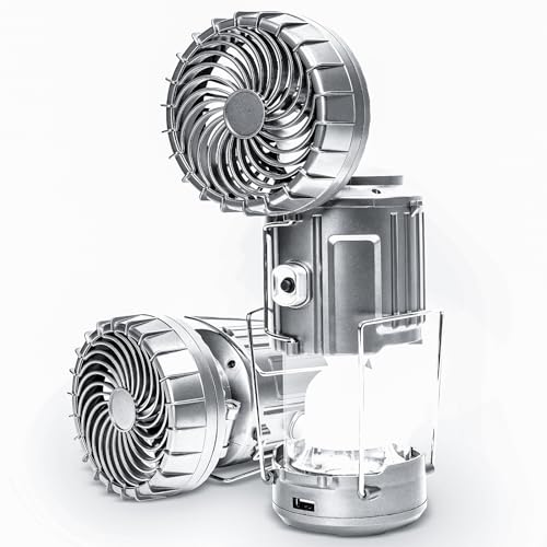 Camping Lanterns with Fan,Solar Camping Fan Charging for Phone, Rechargeable LED Lanterns Camping Fans for Tents Power Outage Hurricanes Camping Gear(Silver)