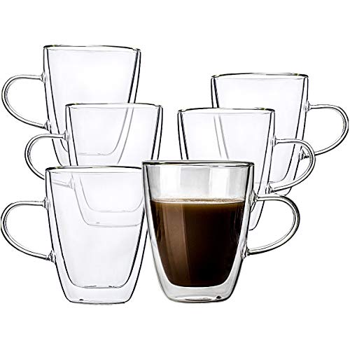 6 Pack Double Wall Glass Coffee Mugs 8oz Insulated Glass Coffee Tea Milk Espresso Cups with Handle Clear