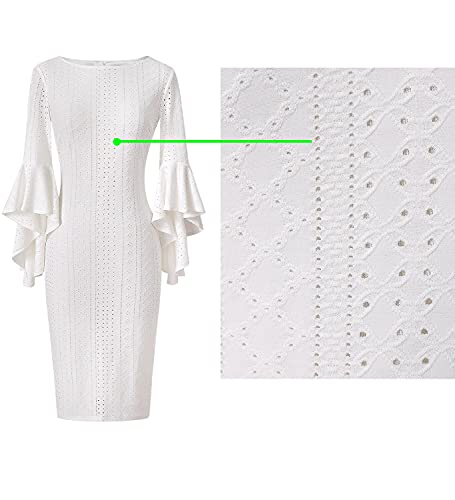 Vfshow Womens Off-White Jacquard Geometric Bell Sleeves Cocktail Party Semi-Formal Casual Bodycon Pencil Sheath Dress 7900 Wht S #TOP5
