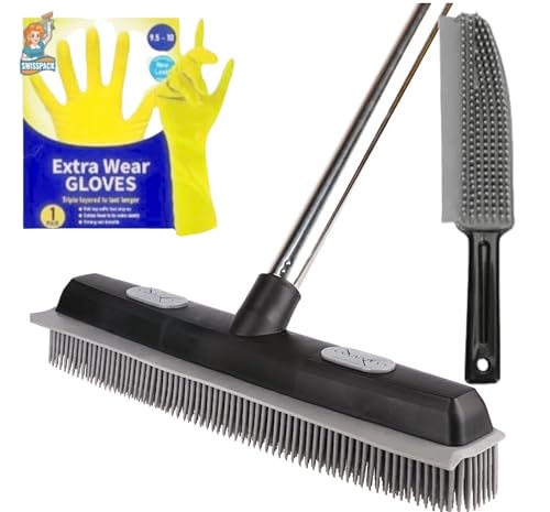Rubber Brush Options For Pet Hair Removal Broom with Squeegee,Rubber Broom with 149cm Multi-section Stainless Steel Handle for Pet Cat Dog Hair Removal Carpet Windows Clean. (GREY/BLACK 3)