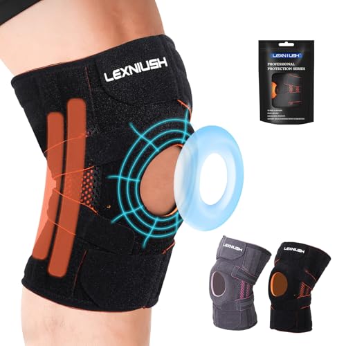 Lexniush Kniebandage, sport, verstelbaar, kniebeschermers, artrose, meniscusscheuren, kniebandage met zijdelingse stabilisatoren en rubberen pads, hardlopen, zwart