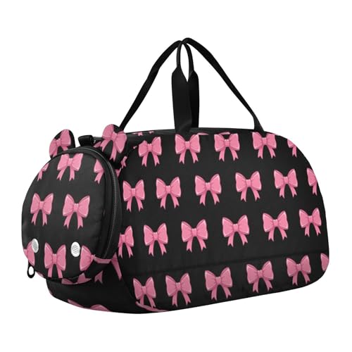 Elegant Bows Pink Black Duffle Bag for Girl, Sports Duffle Gym Bags with Shoe Compartment, Personalized Overnight Bag Travel Weekender for Kids